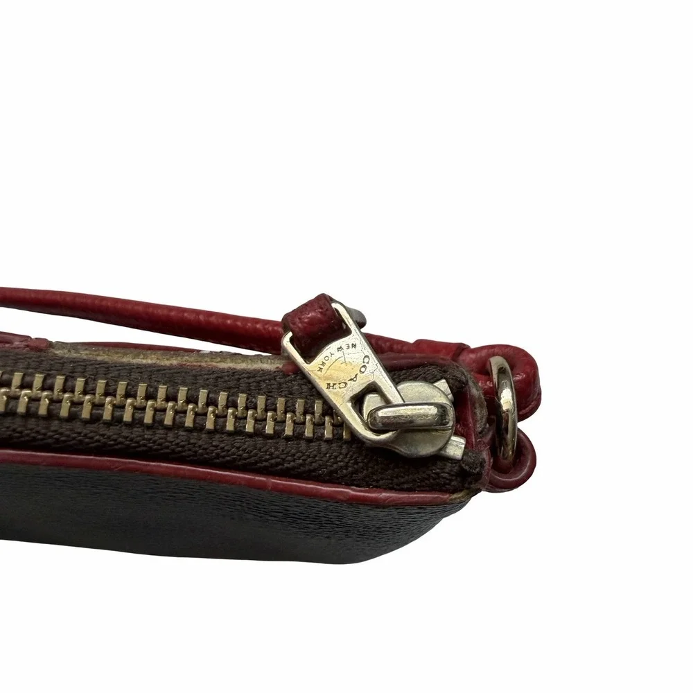 Coach Large Corner Zip Canvas Leather‎ Monogram Wristlet Brown Red Wallet F54629